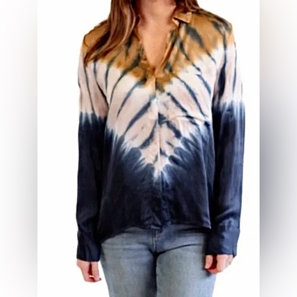 Young Fabulous And Broke Susan Tie Dye Button Down Satin Shirt Blue Tan Boho